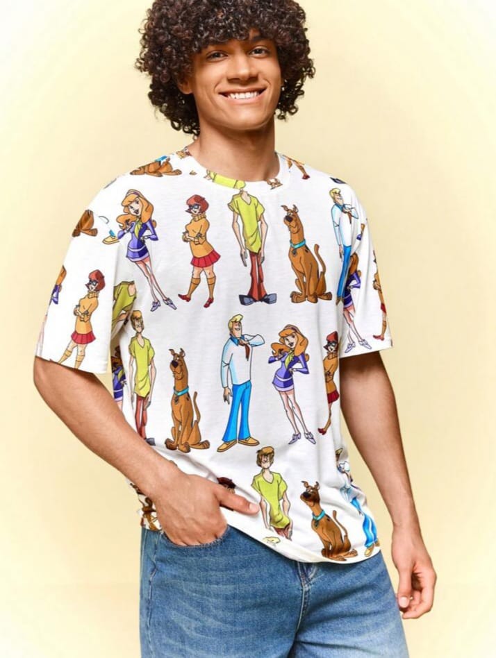 Mong Monkey Men's SCOOBY-DOO Cartoon Pattern White Crew Short Sleeve Casual T-Shirt